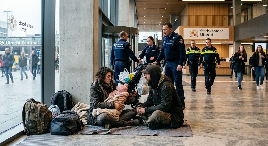 Beveiliger wil gezin met baby door politie uit stadskantoor laten zetten