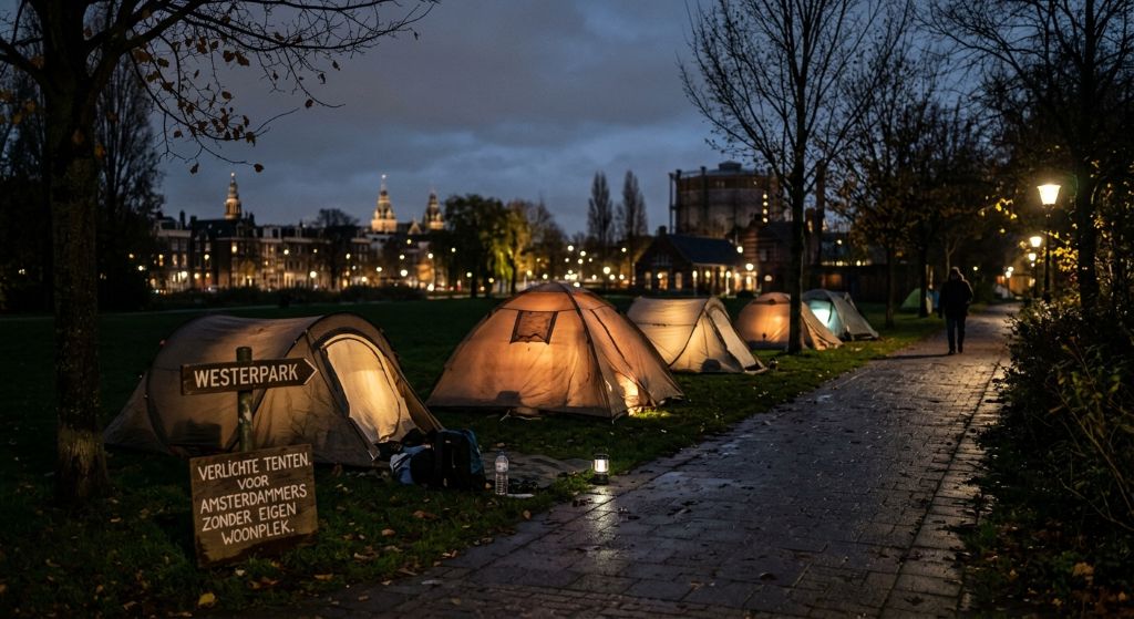 Verlichte tenten in het Westerpark als symbool voor Amsterdammers zonder eigen woonplek